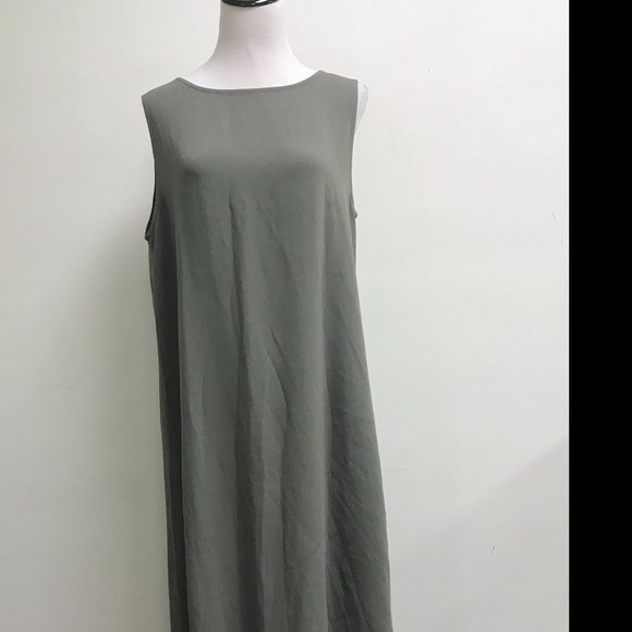Eileen Fisher gray full length silk maxi dress shift sleeveless scoop neck L - Picture 2 of 7
